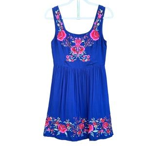 Sunny Girl Blue Floral Embroidered Lined Sun Dress Size M